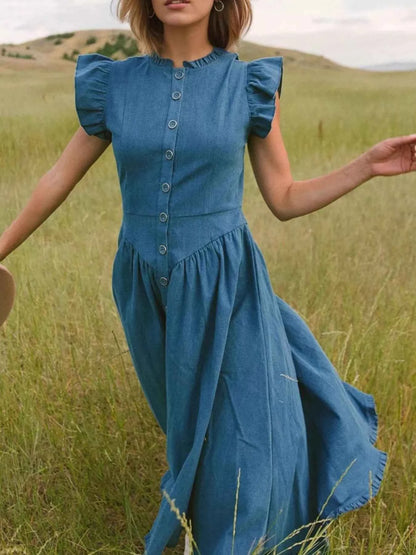 Robe en denim à manches courtes volantées