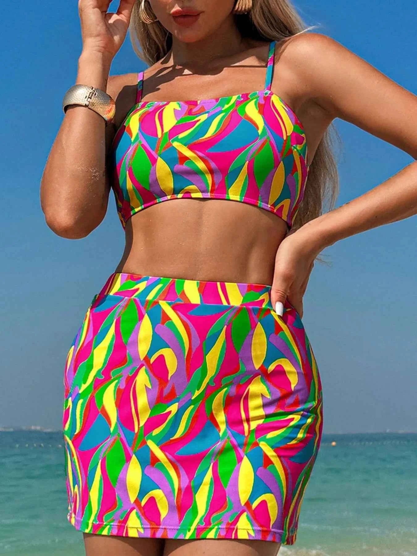 Bikini deux pièces taille haute à bretelles fines, imprimé abstrait texturé et multicolore