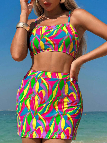 Bikini deux pièces taille haute à bretelles fines, imprimé abstrait texturé et multicolore