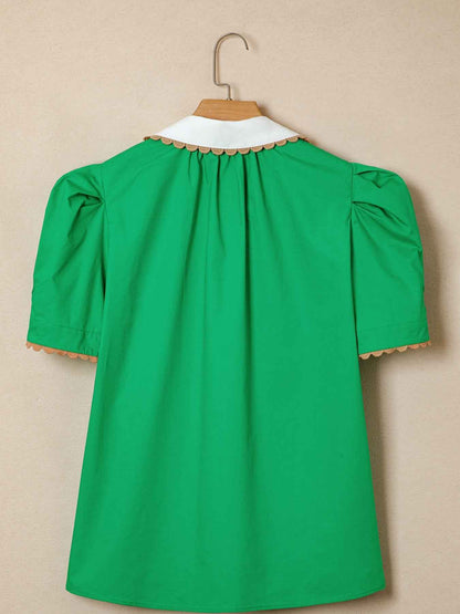 Blouse col chemise color block à passepoil et manches courtes