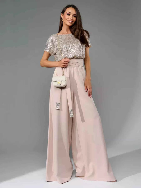 Full Size Sequin Short Sleeve Wide Leg Jumpsuit Plus Size