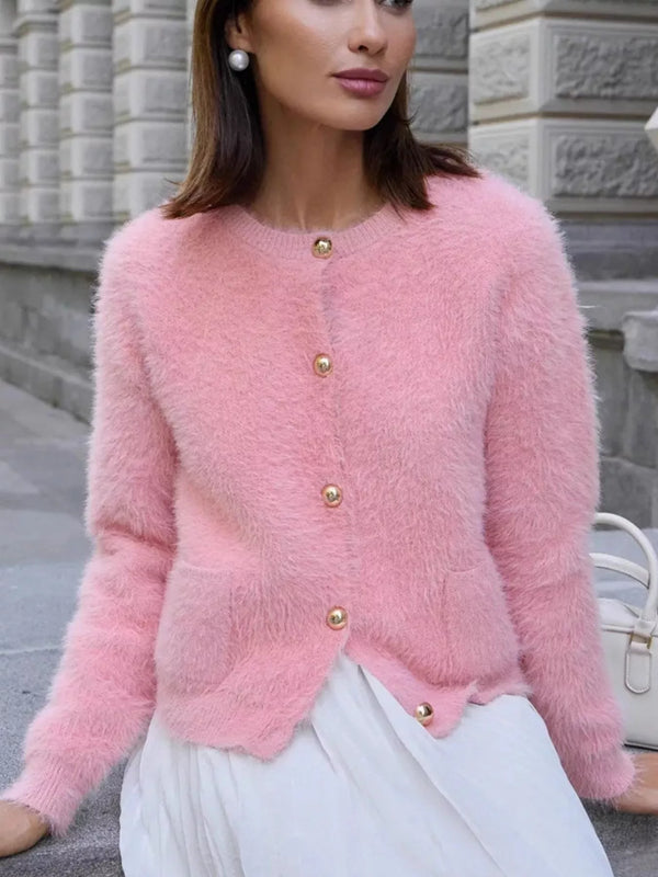 Cardigan boutonné en maille duveteuse
