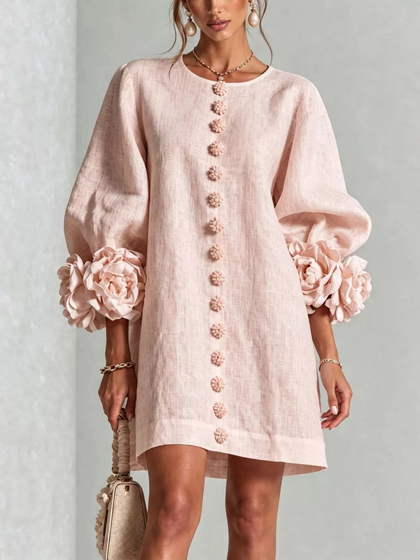 Robe mini manches bouffantes roses 3D appliqées boutons fleurs