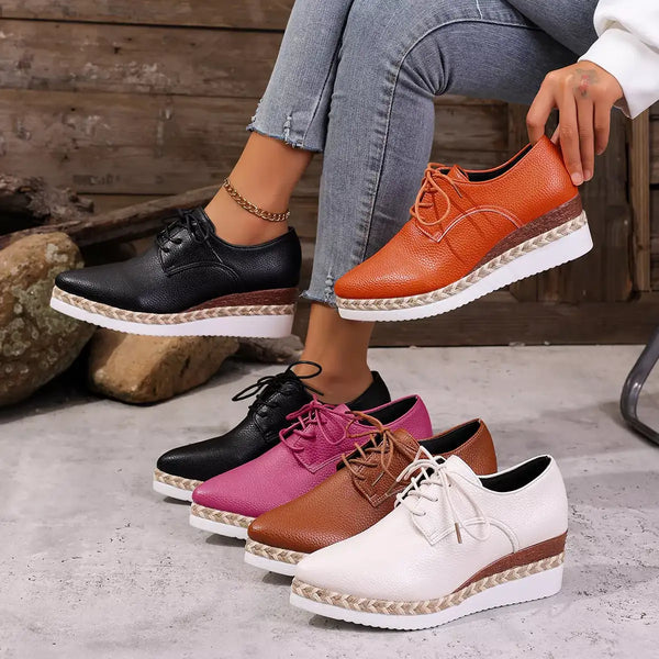 Sneaker derbies femme bout pointu cuir grainé semelle compensée tressée espadrille lacets