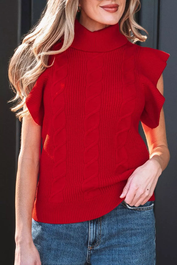 Pull col roulé maille torsadée à manches courtes volantées