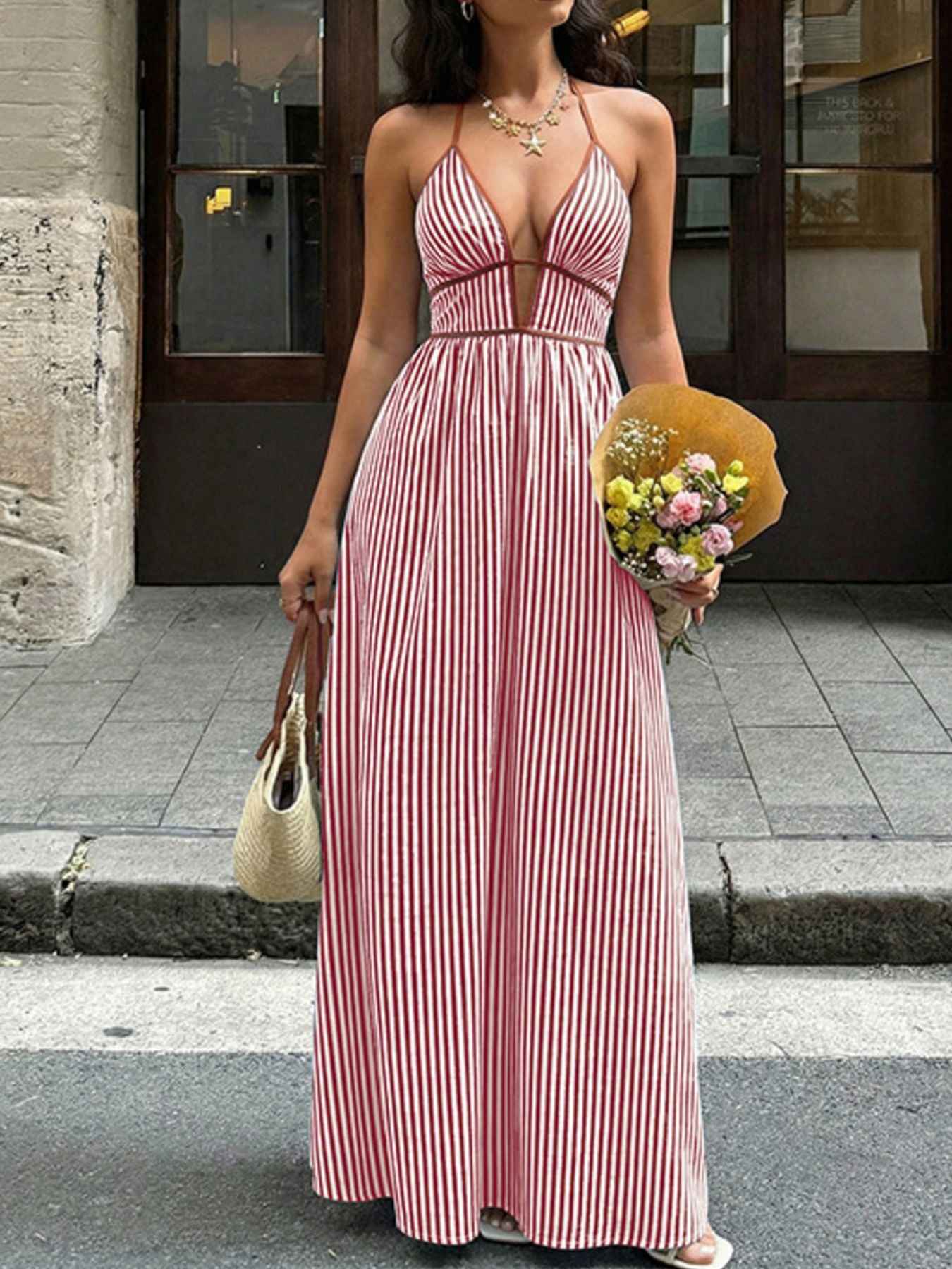 Robe maxi rayée à col licou