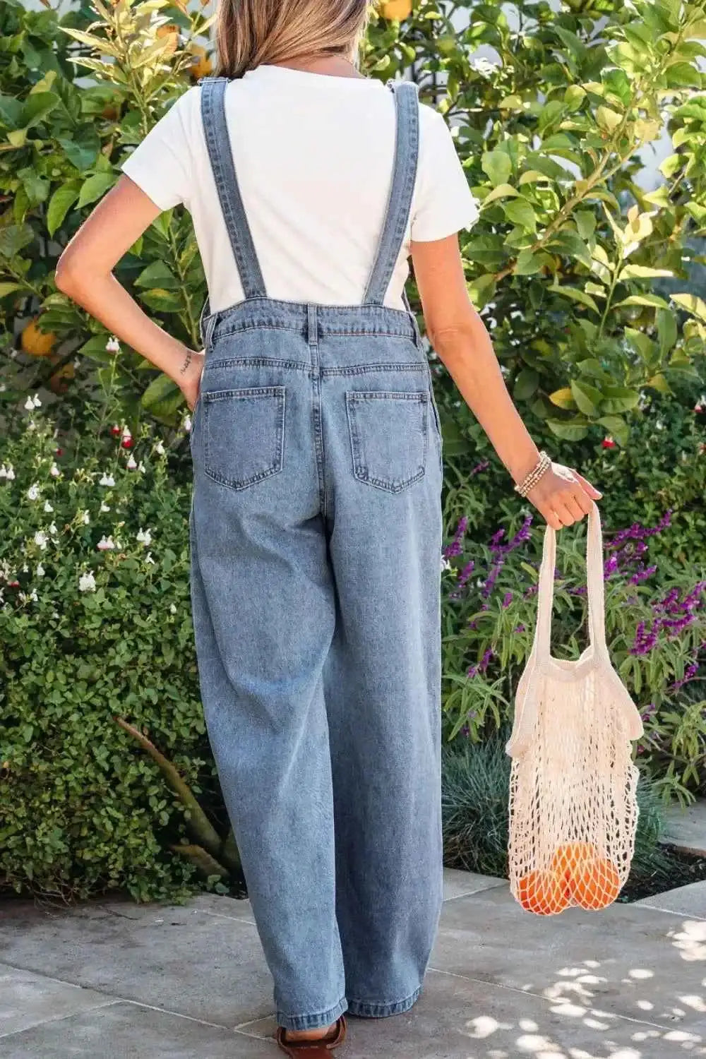 Combinaison en denim jambe large plissée style rétro avec poches
