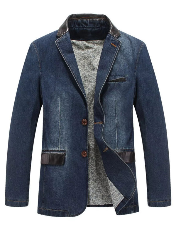Blazer en jean homme col revers passepoil cuir doublure fleurie
