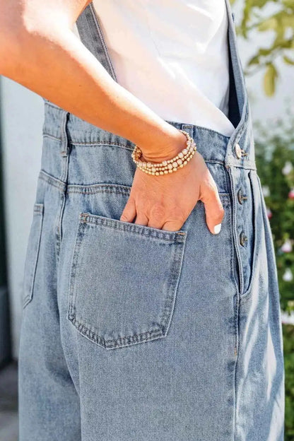 Combinaison en denim jambe large plissée style rétro avec poches