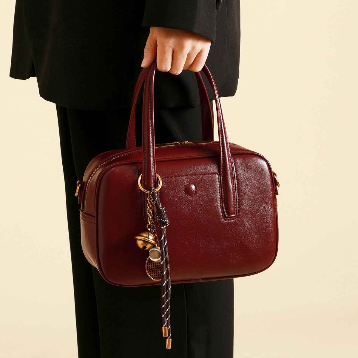 Sac à main à poignée en cuir rouge vineux