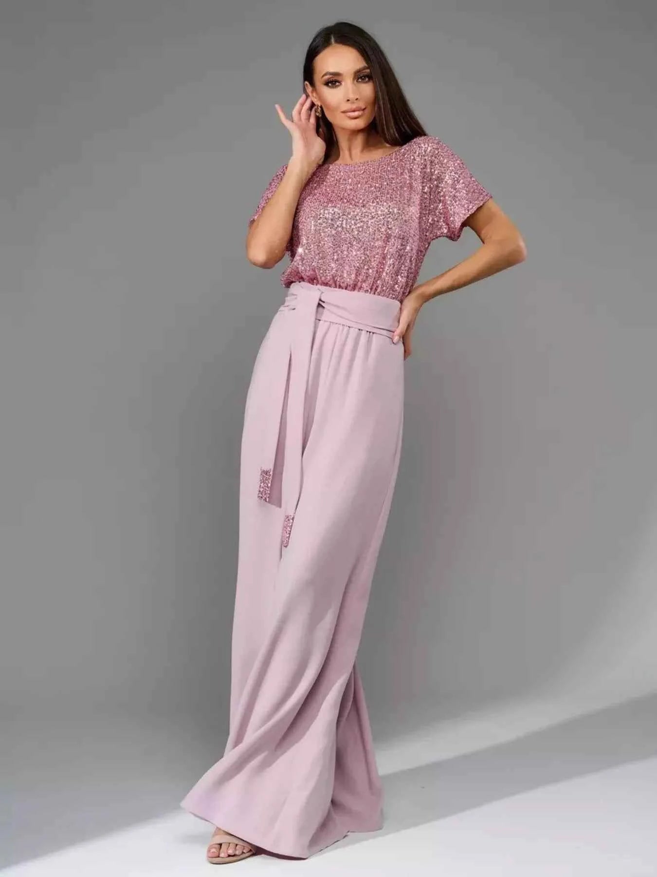 Full Size Sequin Short Sleeve Wide Leg Jumpsuit Plus Size
