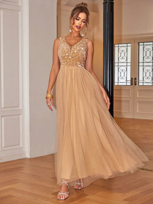 Robe longue de soirée bustier sequins dorés col V jupe tulle champagne