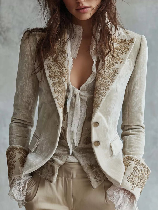 Blazer en velours brodé à manchettes dentelle