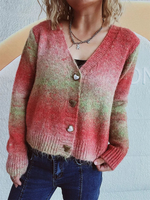 Cardigan col en V boutons cœur en dégradé