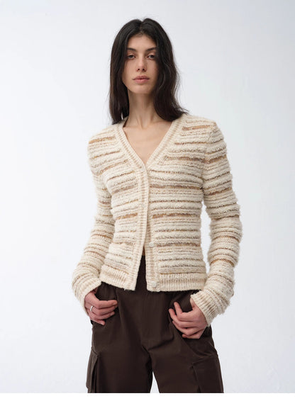 Cardigan rayé en maille tissée col V printemps MyParisMonaco