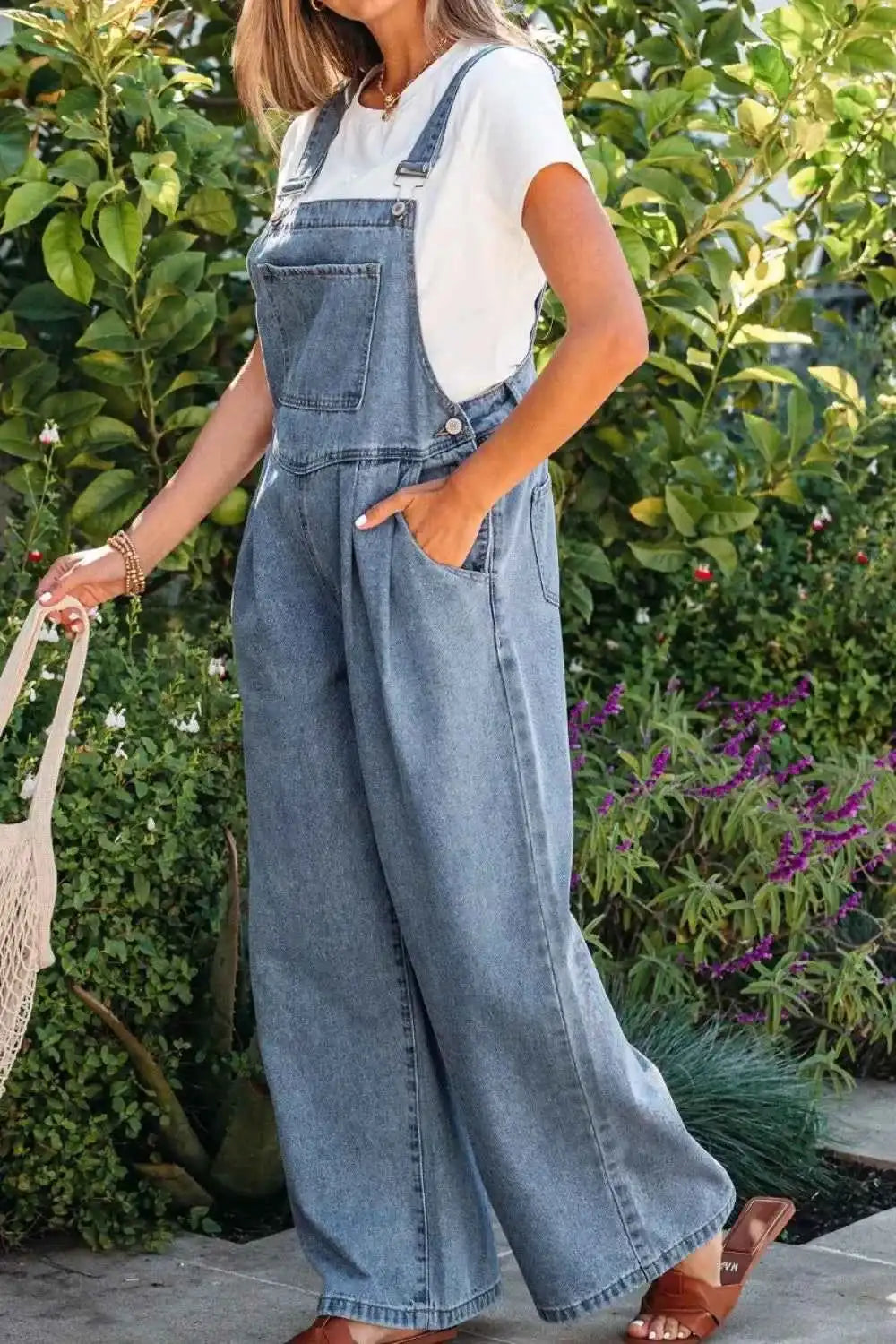 Combinaison en denim jambe large plissée style rétro avec poches