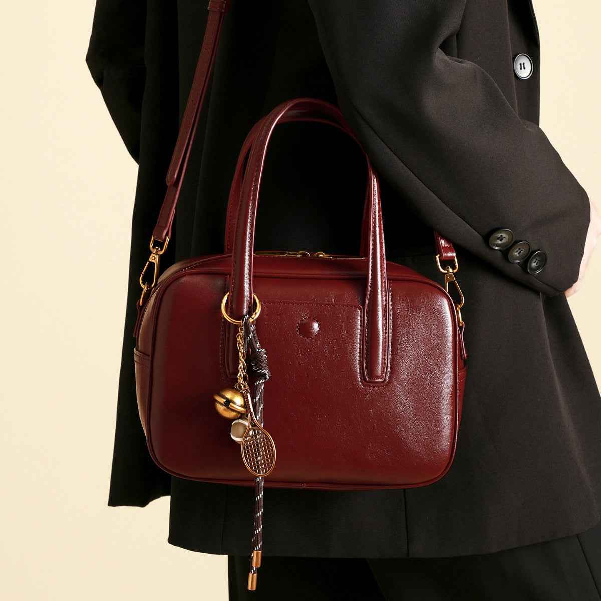 Sac à main à poignée en cuir rouge vineux