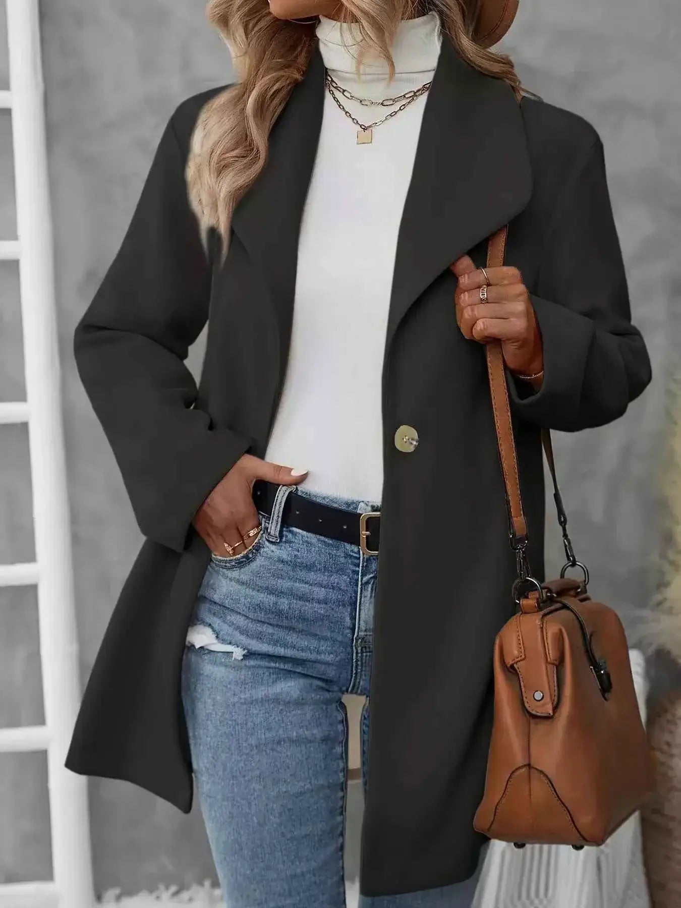 Manteau oversize col à revers bouton unique en mélange laine