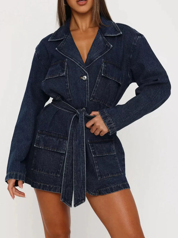 Veste longue en denim bleu nuit washed ceinture poches plaquées