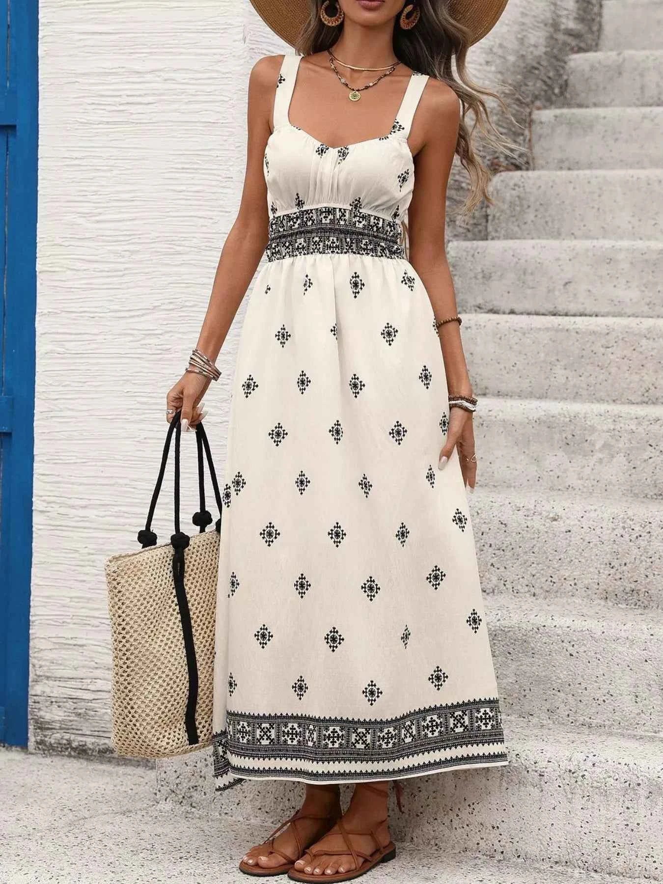 Robe midi à imprimé avec bretelles larges et poches