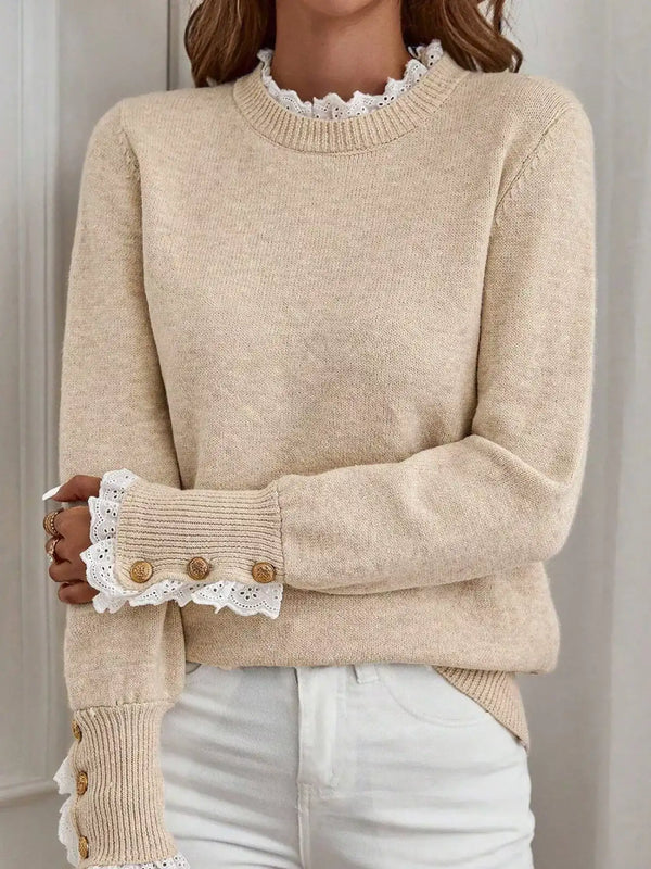 Pull manches longues bordures dentelle poignets boutonnés