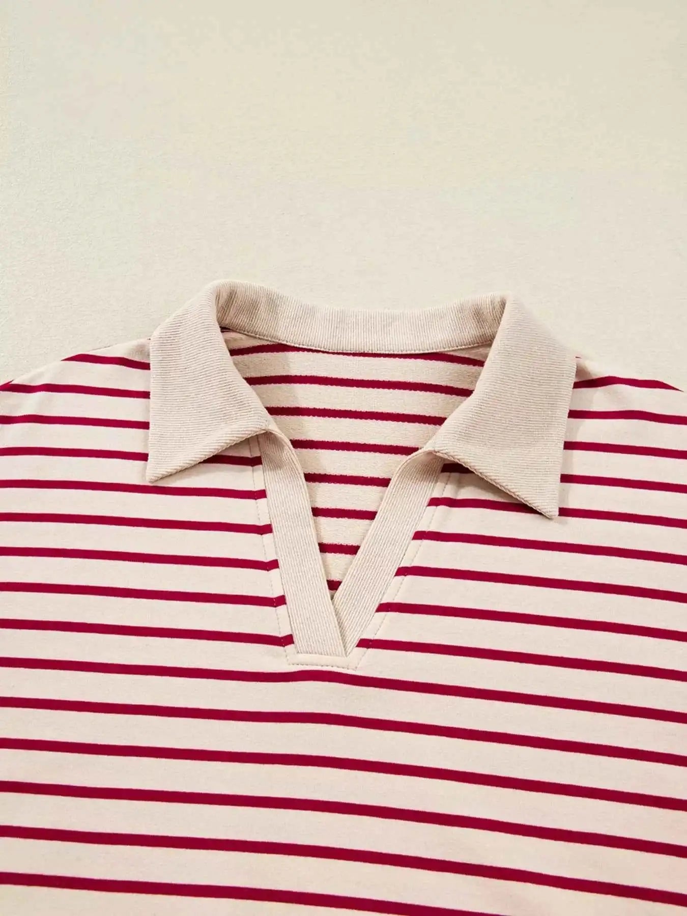 tripe Cropped Collared Drop Shoulder Pullover and Bubble Mini Skirt Set