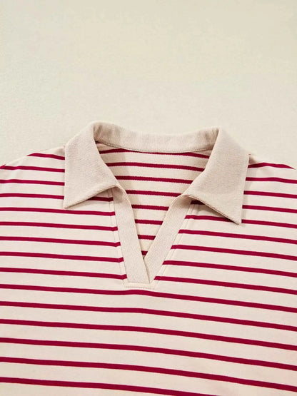 tripe Cropped Collared Drop Shoulder Pullover and Bubble Mini Skirt Set
