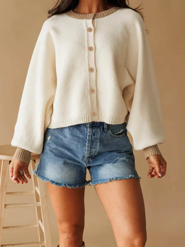 Cardigan boutonné en maille côtelée à bordures contrastantes