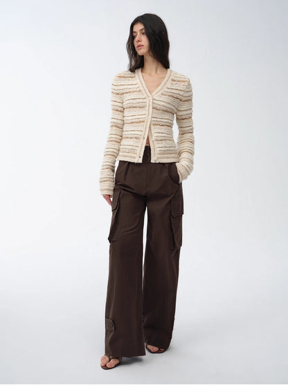 Cardigan rayé en maille tissée col V printemps MyParisMonaco