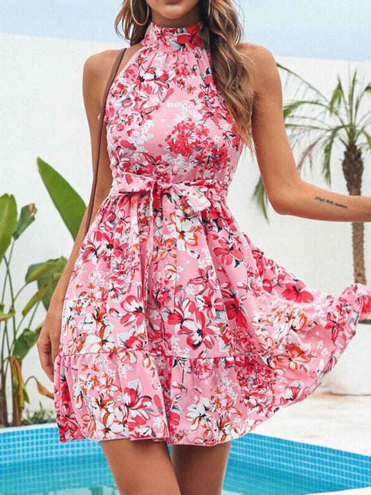Robe courte à imprimé floral col halter et volants
