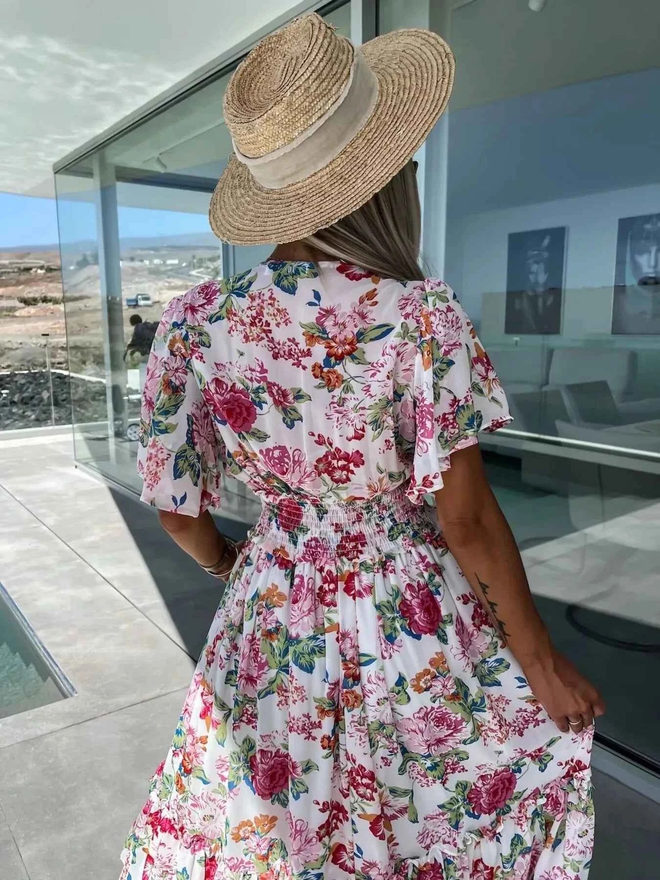 Robe maxi à imprimé floral, smock et manches volantées