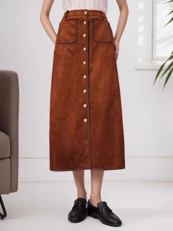 Jupe midi boutonnée taille haute — rouille
