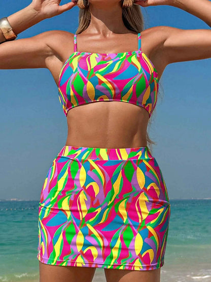 Bikini deux pièces taille haute à bretelles fines, imprimé abstrait texturé et multicolore