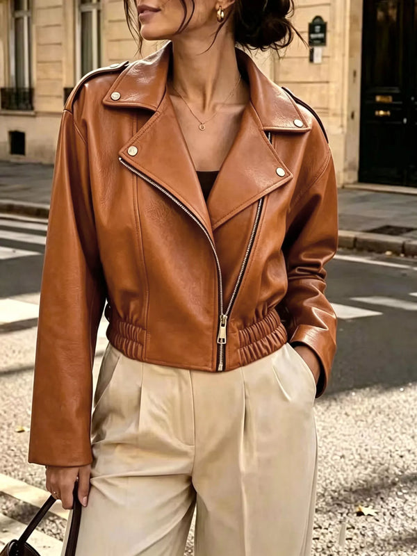 Veste biker femme simili cuir col cranté fermeture éclair diagonale taille smockée