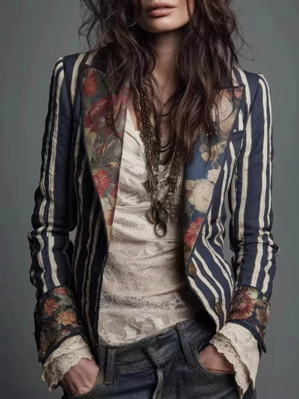 Blazer slim rayures et fleurs contrastées