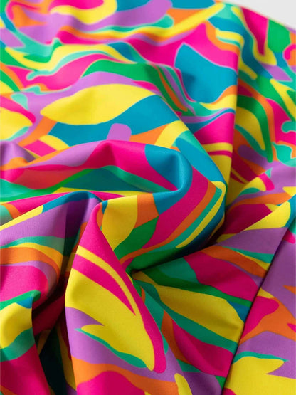 Bikini deux pièces taille haute à bretelles fines, imprimé abstrait texturé et multicolore