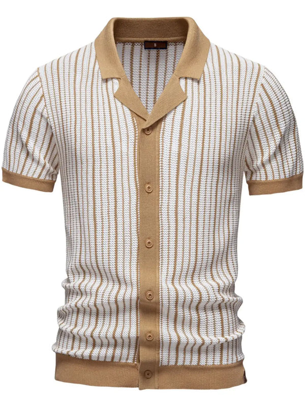 Cardigan polo homme boutonné manches courtes rayures verticales maille ajourée côtelée