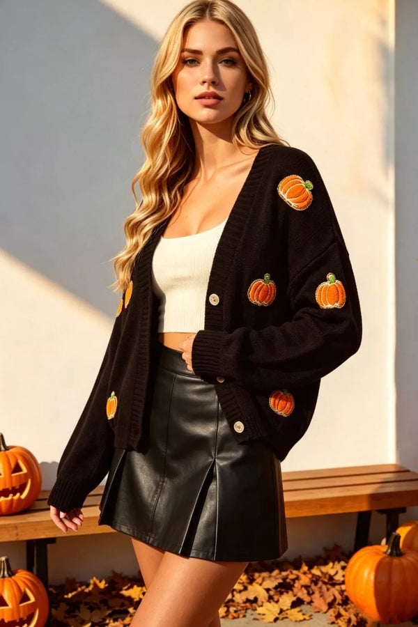 Gilet boutonné motif citrouille, manches longues