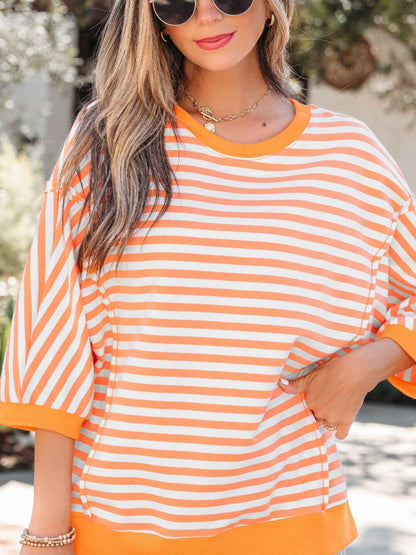 Pull patchwork à manches 3/4 et coutures apparentes