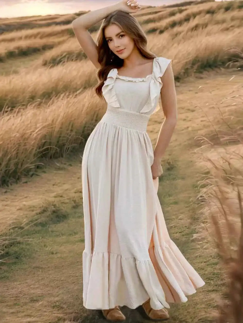 Ruffled Smocked Square Neck Maxi Dress