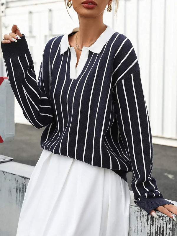 Pull maille rayures col contrastant manches longues
