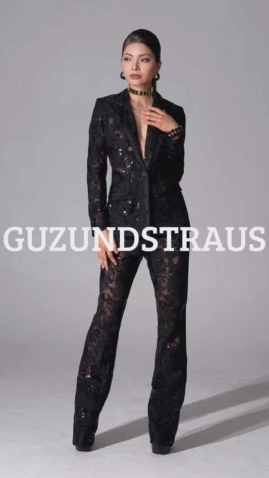 Ensemble blazer et pantalon dentelle florale noire MyParisMonaco