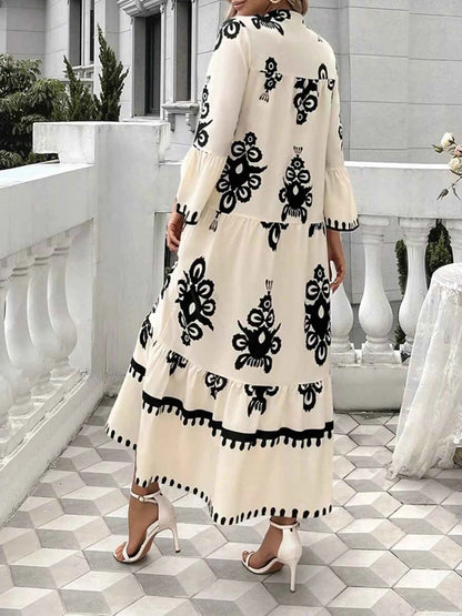 Robe midi bohème à imprimé et volants étagés