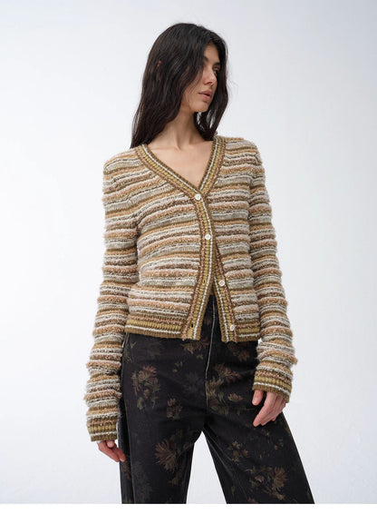 Cardigan rayé en maille tissée col V printemps MyParisMonaco