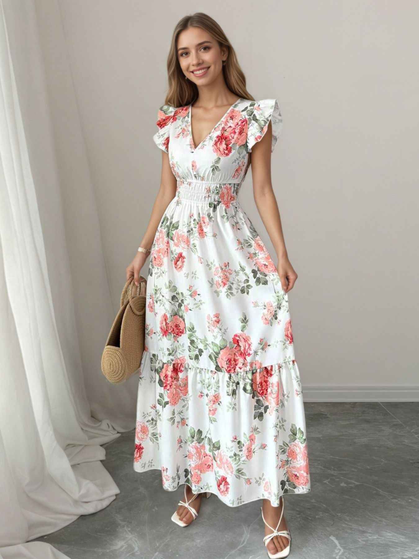 Robe maxi fleurie à volants et étages