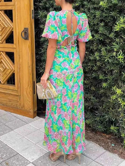 Robe midi à imprimé floral col V et manches bouffantes