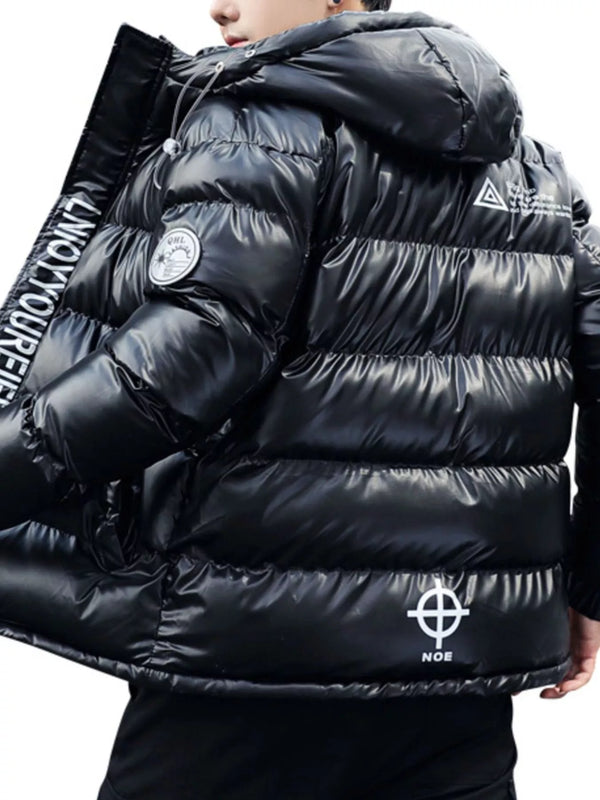 Doudoune zippée homme nylon brillant à capuche graphique streetwear
