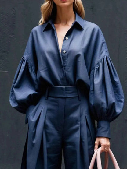 Lantern Sleeve Shirt and Wide Leg Pants Set
