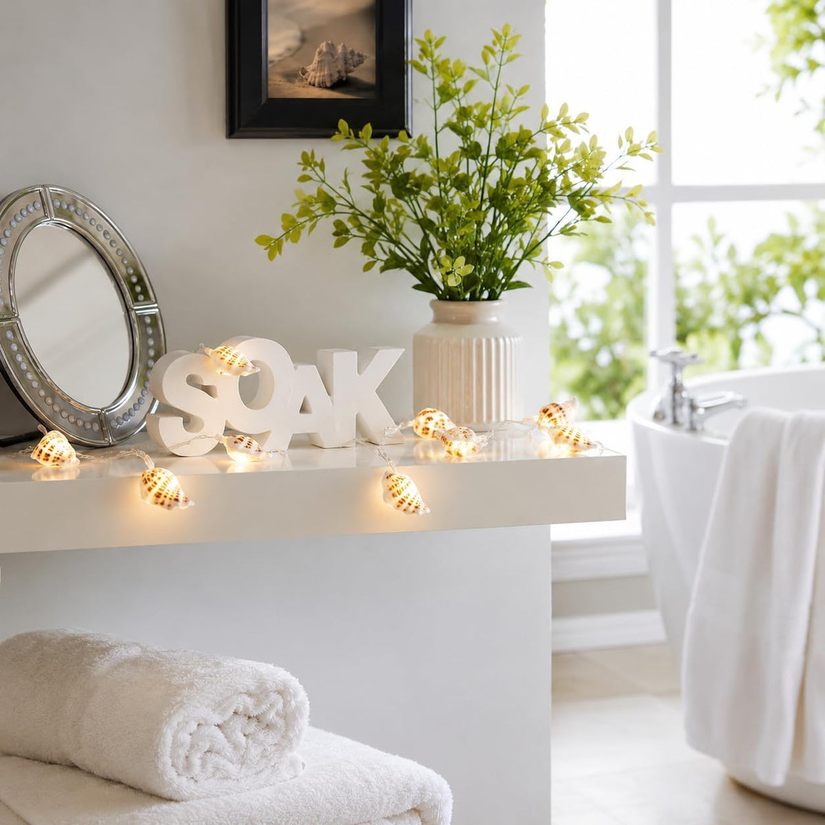 Guirlande lumineuse aux coquillages naturels — 10 LED blanc chaud, 1,50 m
