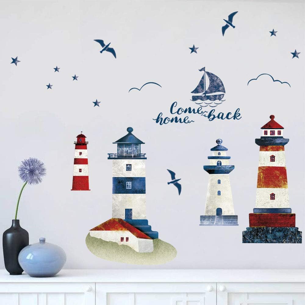 Stickers muraux phare et voilier, thème nautique